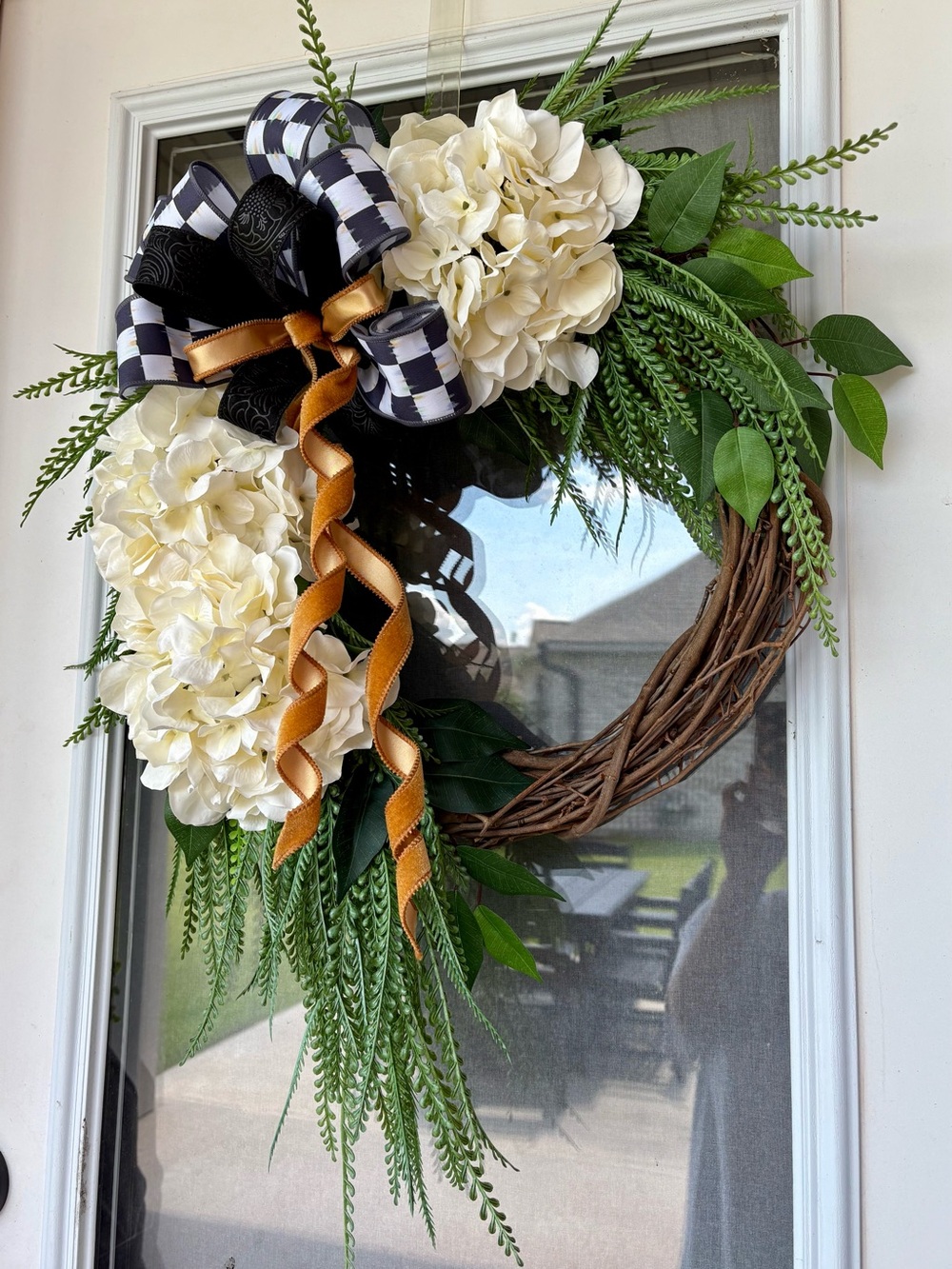 Hydrangea & Greenery Grapevine Wreath Black Check Gold Ribbon McKenzie Childs
